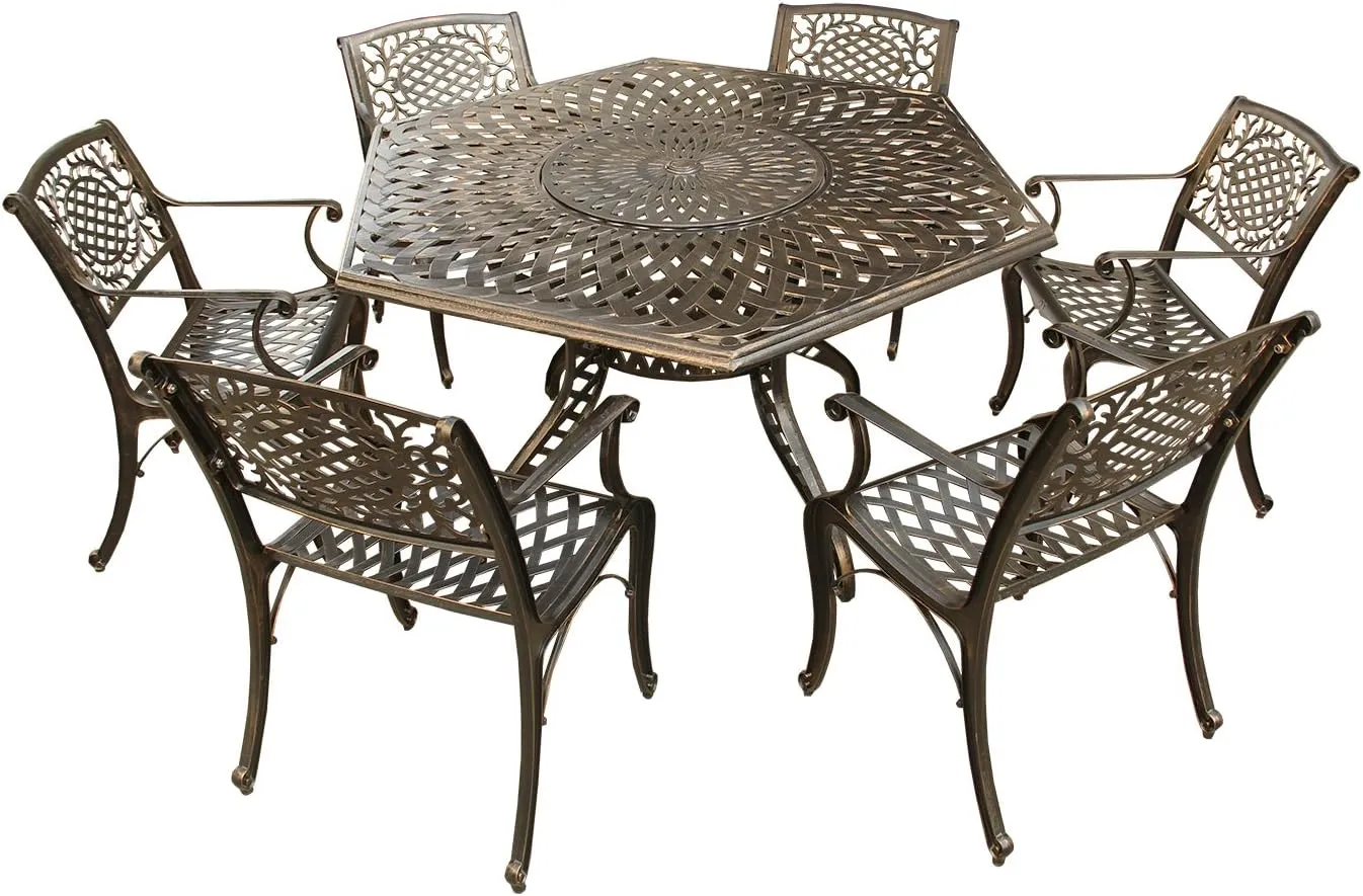 Oakland Living Contemporary Modern and Ornate Traditional Outdoor Mesh Lattice Aluminum 63 inch Bronze Hexagon Dining Set with Lazy Susan and Six Chairs