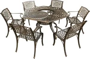 Oakland Living Contemporary Modern and Ornate Traditional Outdoor Mesh Lattice Aluminum 63 inch Bronze Hexagon Dining Set with Lazy Susan and Six Chairs