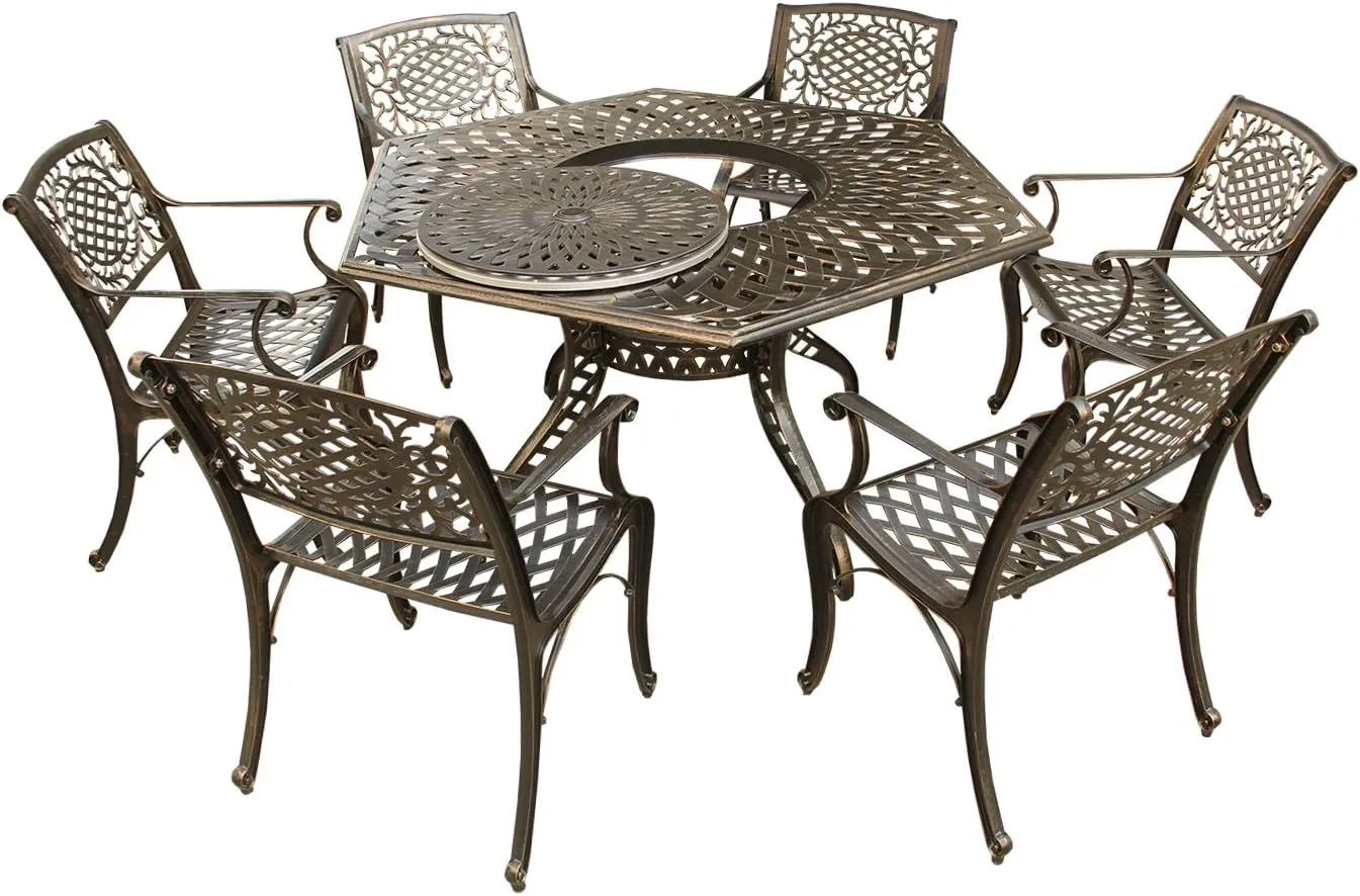 Oakland Living Contemporary Modern and Ornate Traditional Outdoor Mesh Lattice Aluminum 63 inch Bronze Hexagon Dining Set with Lazy Susan and Six Chairs