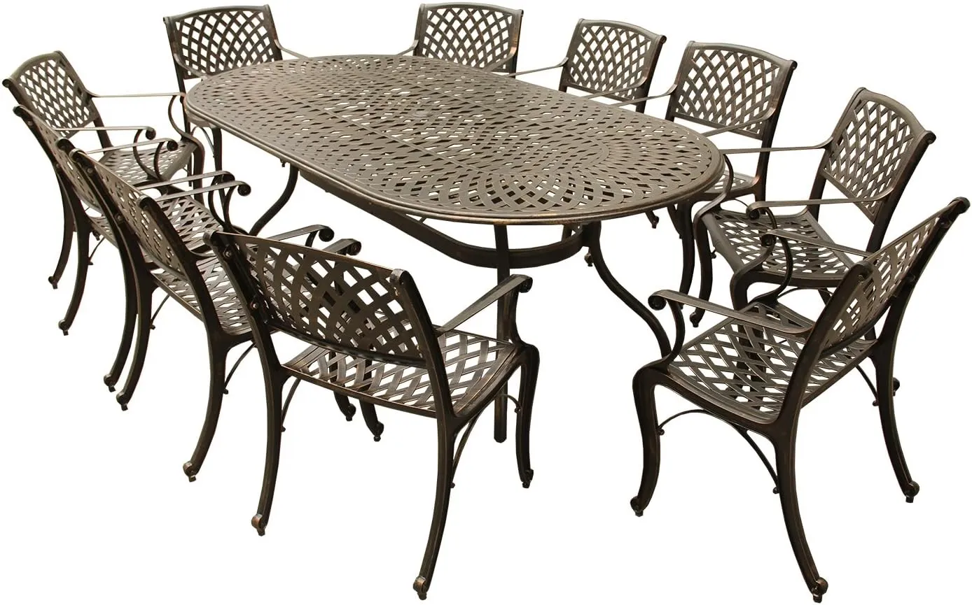 Oakland Living Contemporary Modern Mesh Lattice 95 inch Bronze Oval Ten Chairs Outdoor Aluminum Patio Dining Set, Large