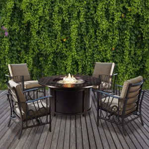 Oakland Living EGYPT-DUBAI-5PC-AC Aluminum 44-in Round Black Four Rocking Chairs, Beads, Lid, Propane Tank Fabric Covers Fire Table Set, Antique Copper
