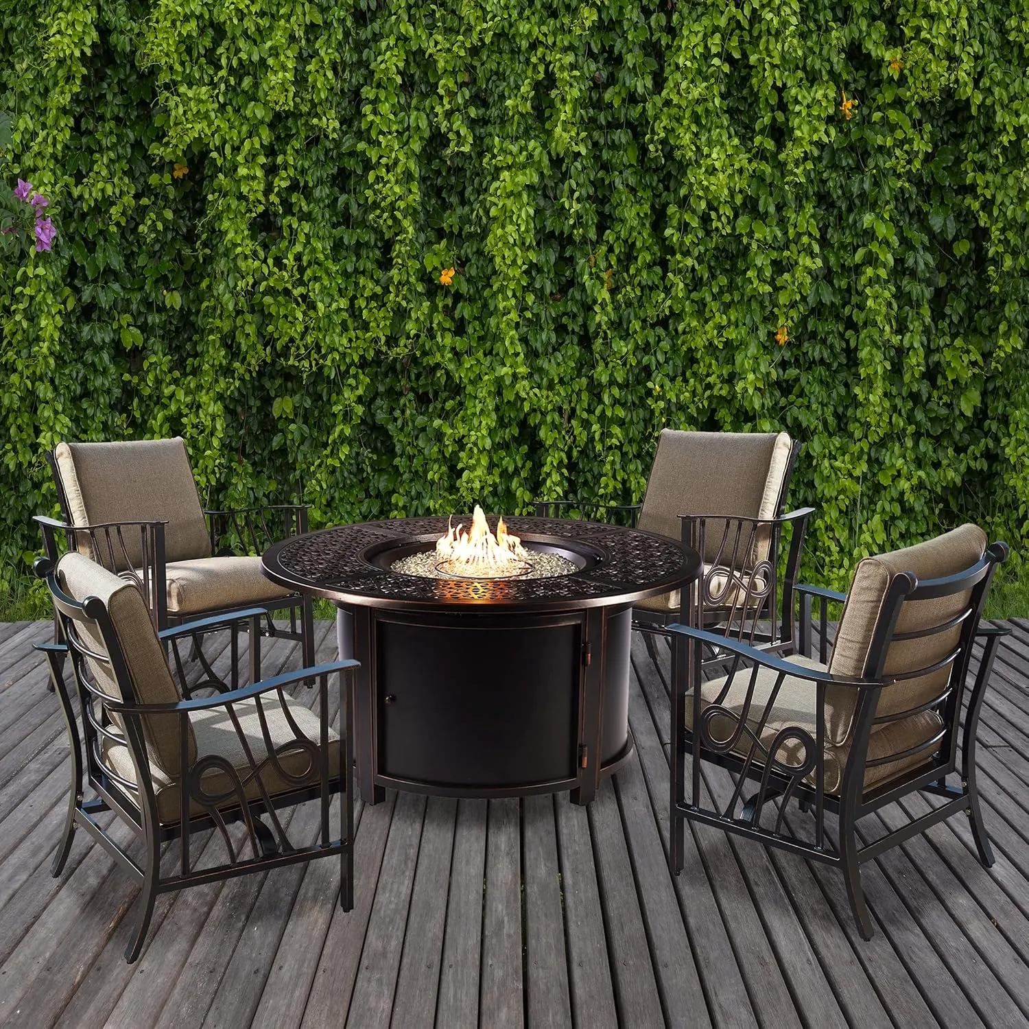 Oakland Living EGYPT-DUBAI-5PC-AC Aluminum 44-in Round Black Four Rocking Chairs, Beads, Lid, Propane Tank Fabric Covers Fire Table Set, Antique Copper
