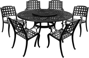 Oakland Living Modern Ornate Outdoor Mesh Aluminum 59-in Large Black Round Patio Dining Set with Lazy Susan and Six Chairs