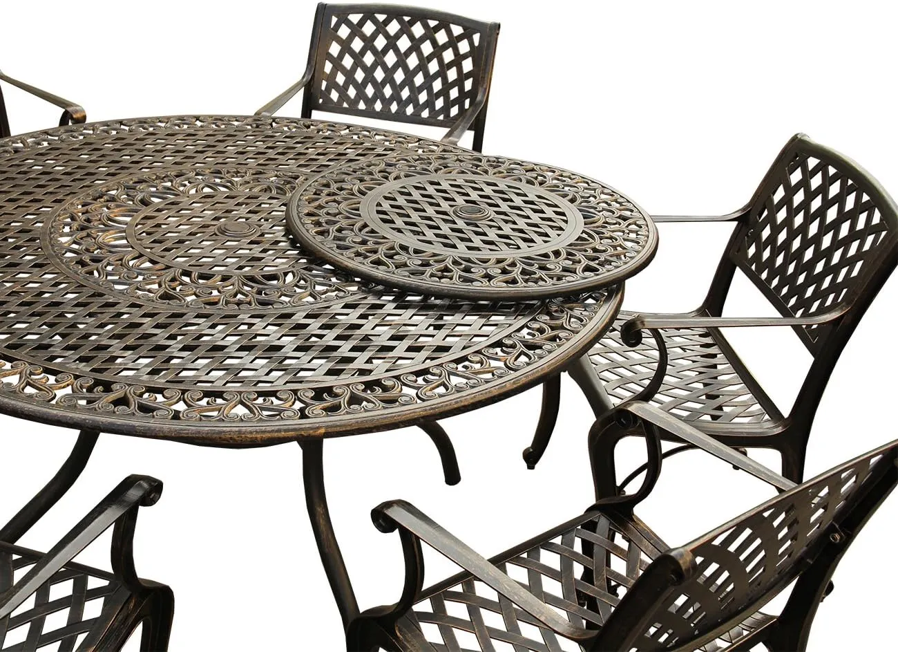 Oakland Living Ornate Traditional and Modern Contemporary Outdoor Mesh Lattice Aluminum 59 inch Bronze Round Dining Set with Lazy Susan and Six Chairs