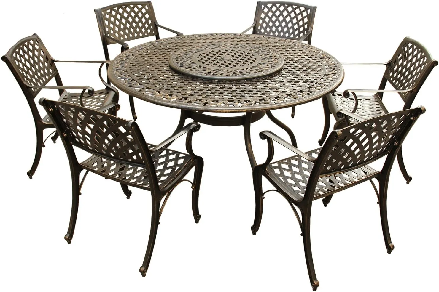 Oakland Living Ornate Traditional and Modern Contemporary Outdoor Mesh Lattice Aluminum 59 inch Bronze Round Dining Set with Lazy Susan and Six Chairs