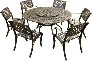 Oakland Living Ornate Traditional and Modern Contemporary Outdoor Mesh Lattice Aluminum 59 inch Bronze Round Dining Set with Lazy Susan and Six Chairs