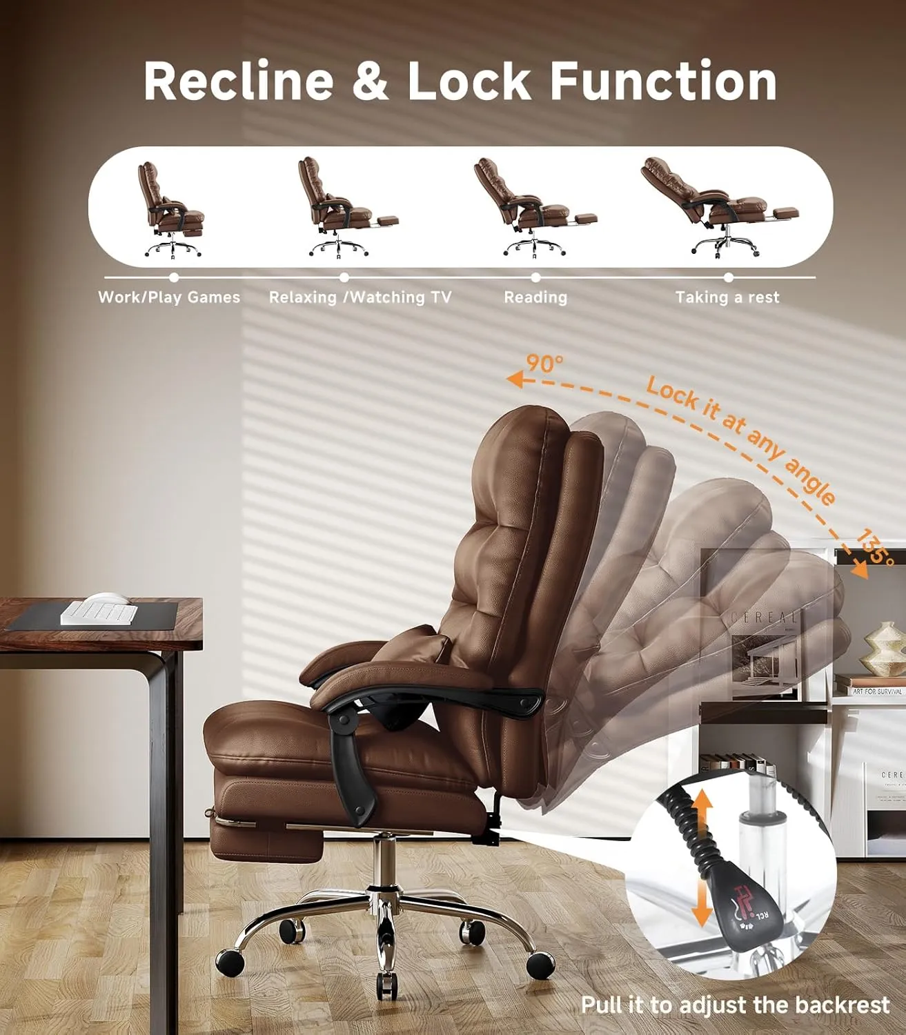 Office Chair, Big and Tall Office Desk Chair, Ergonomic Office Chair, 400LBS PU Leather Computer Chairs, Executive Chair with Foot Rest and Lumbar Pillow (Dark Brown)