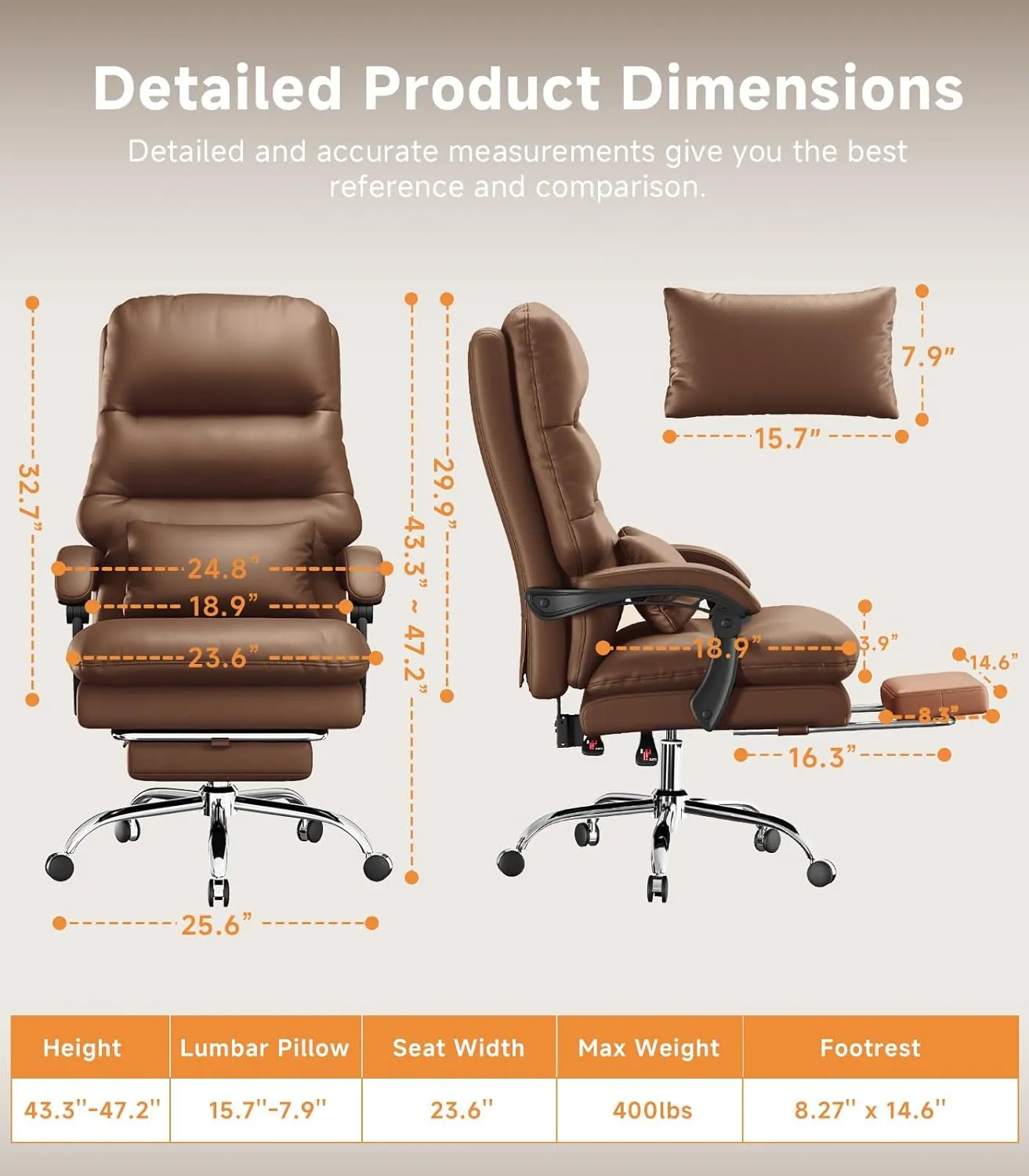 Office Chair, Big and Tall Office Desk Chair, Ergonomic Office Chair, 400LBS PU Leather Computer Chairs, Executive Chair with Foot Rest and Lumbar Pillow (Dark Brown)