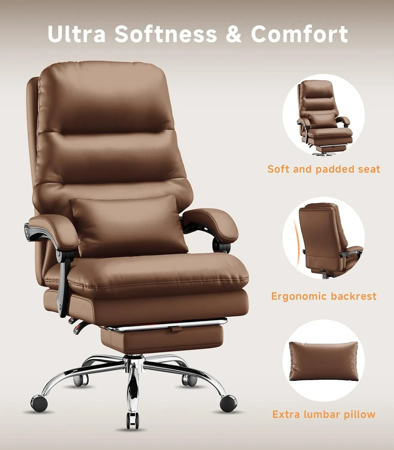 Office Chair, Big and Tall Office Desk Chair, Ergonomic Office Chair, 400LBS PU Leather Computer Chairs, Executive Chair with Foot Rest and Lumbar Pillow (Dark Brown)