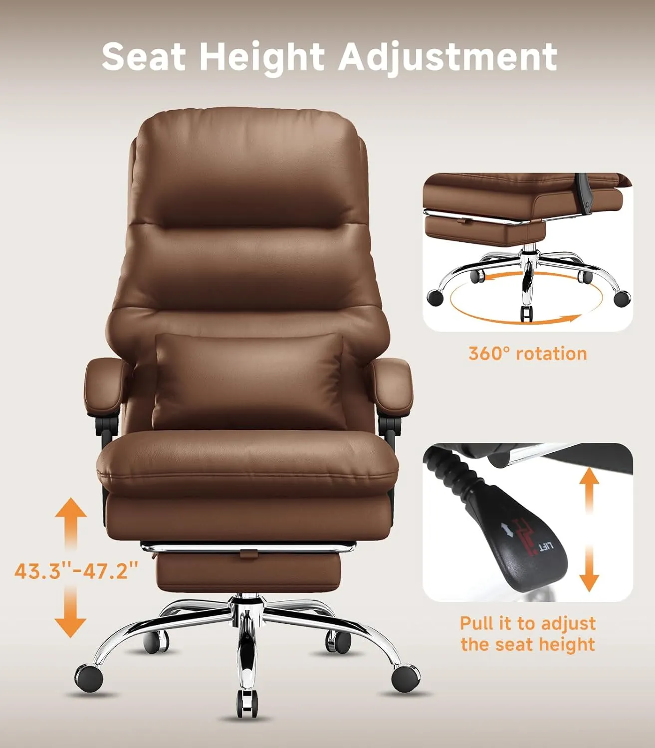 Office Chair, Big and Tall Office Desk Chair, Ergonomic Office Chair, 400LBS PU Leather Computer Chairs, Executive Chair with Foot Rest and Lumbar Pillow (Dark Brown)