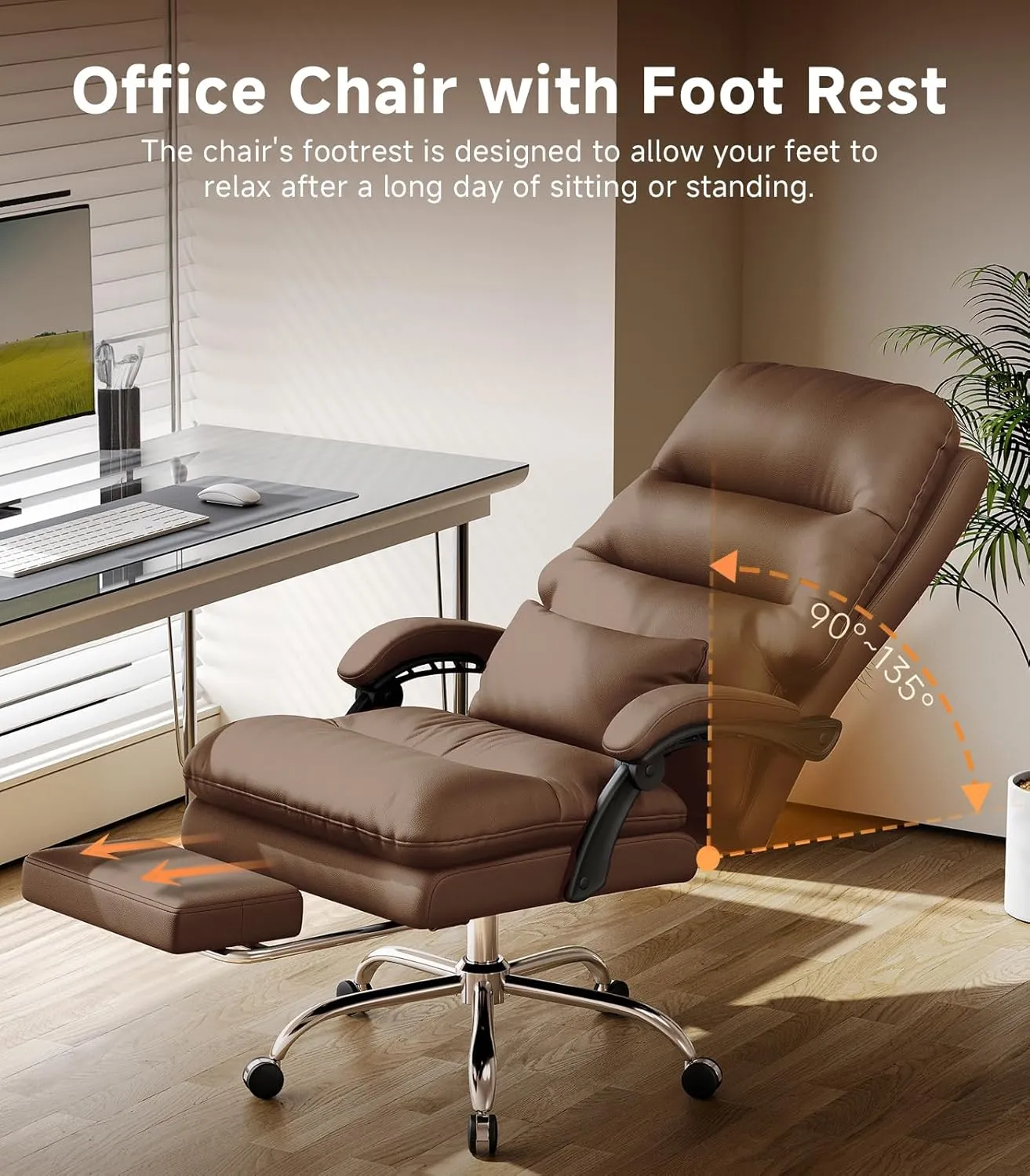 Office Chair, Big and Tall Office Desk Chair, Ergonomic Office Chair, 400LBS PU Leather Computer Chairs, Executive Chair with Foot Rest and Lumbar Pillow (Dark Brown)