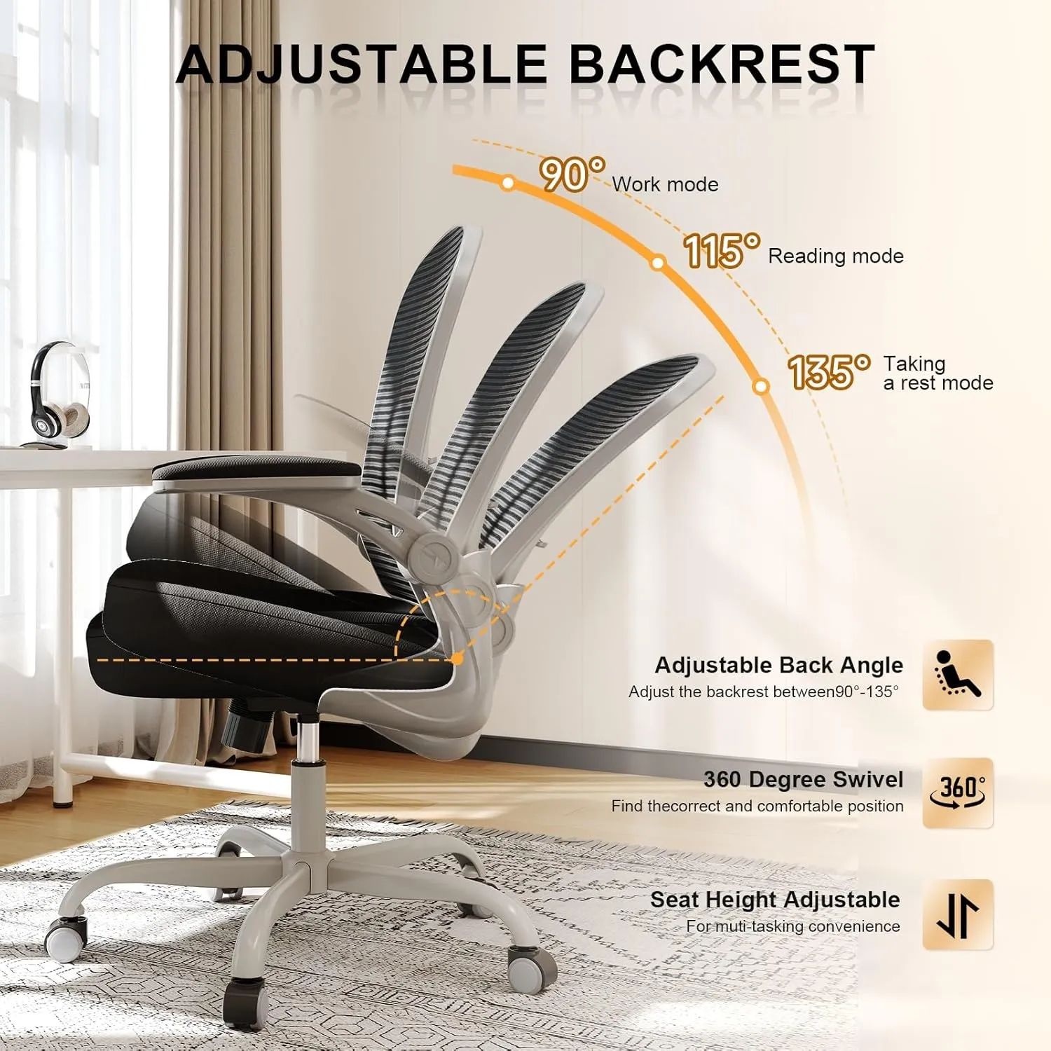 Office Chair, Ergonomic Desk Chairs 330LBS Capacity High Back Mesh Computer with Flip-up Armrests, Comfy Work with Adjustable Lumbar Support, Rolling Swivel Executive Task