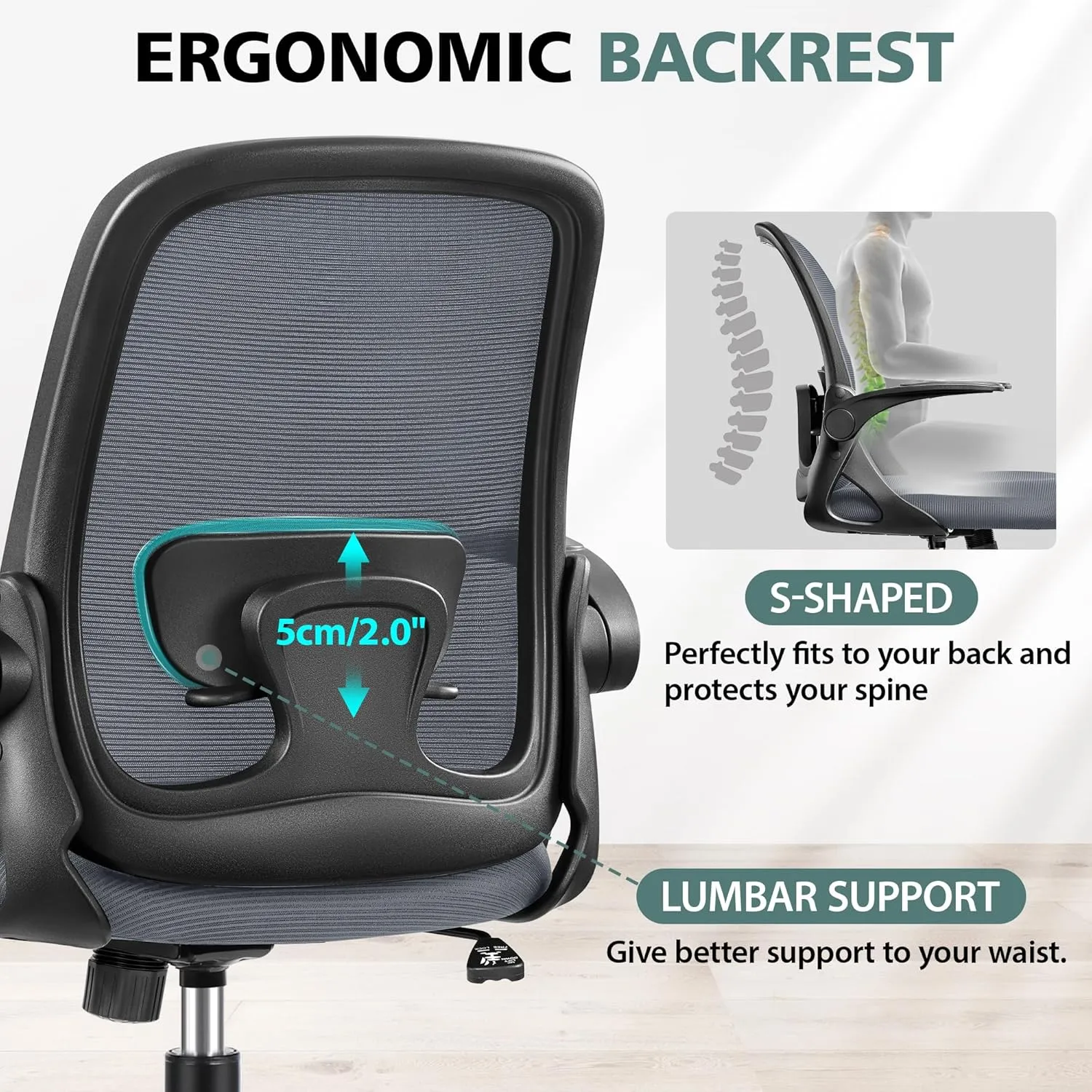 Office Chair Ergonomic Desk Chairs with Lumbar Support and Flip-up Arms, Comfortable Breathable Mesh Computer Executive Chair with Swivel Task, Adjustable Height 4'', Home, Bedroom-Dark Gray