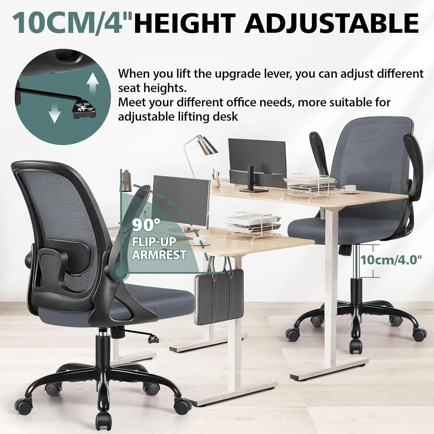 Office Chair Ergonomic Desk Chairs with Lumbar Support and Flip-up Arms, Comfortable Breathable Mesh Computer Executive Chair with Swivel Task, Adjustable Height 4'', Home, Bedroom-Dark Gray