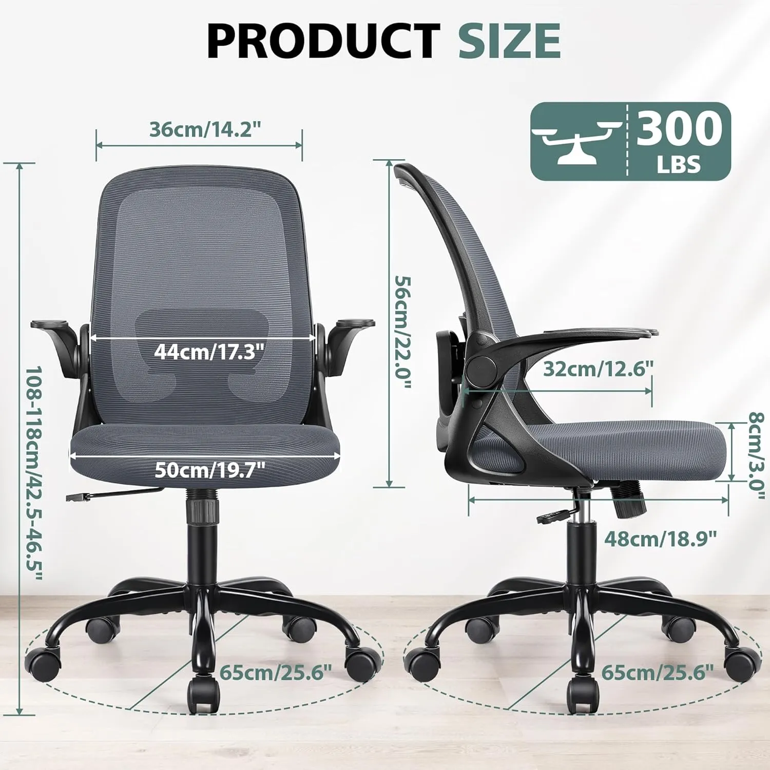 Office Chair Ergonomic Desk Chairs with Lumbar Support and Flip-up Arms, Comfortable Breathable Mesh Computer Executive Chair with Swivel Task, Adjustable Height 4'', Home, Bedroom-Dark Gray