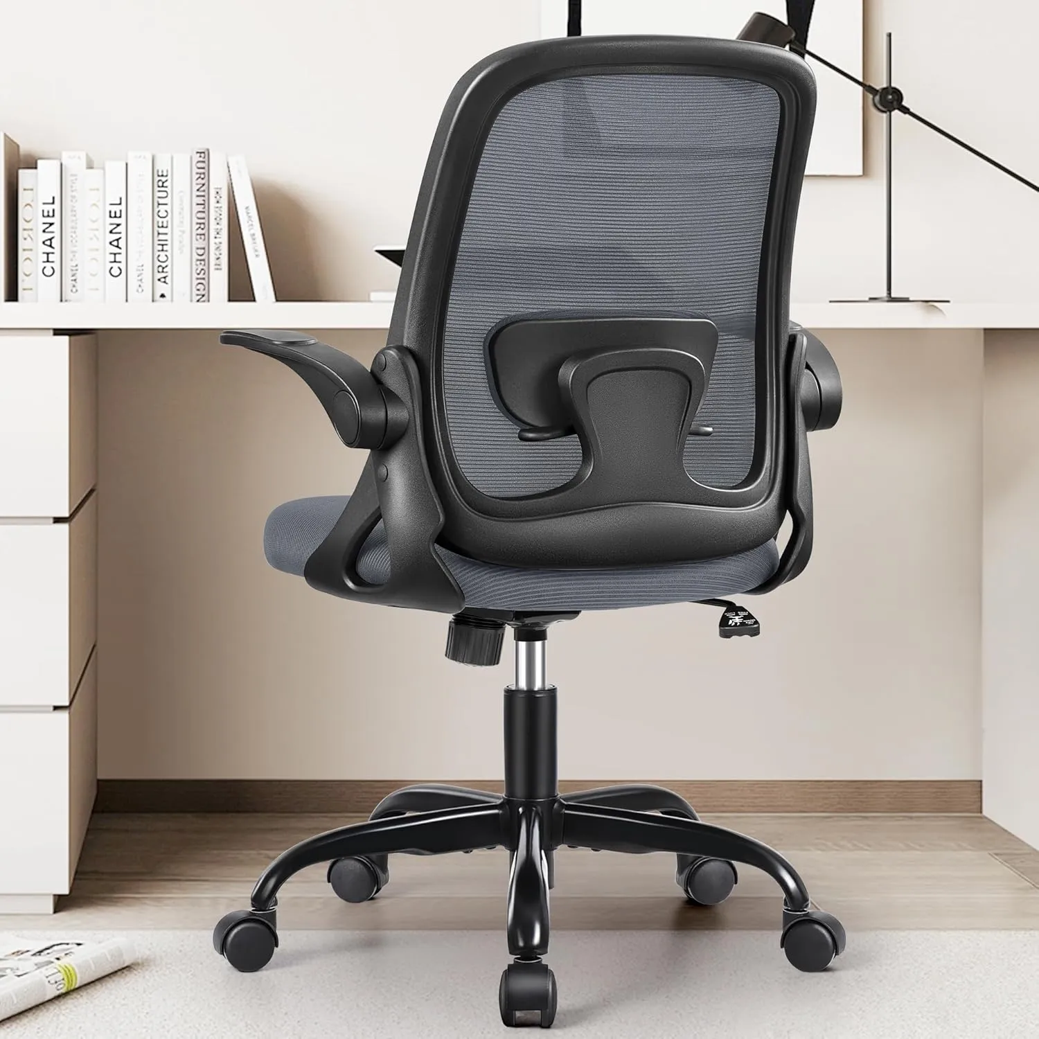 Office Chair Ergonomic Desk Chairs with Lumbar Support and Flip-up Arms, Comfortable Breathable Mesh Computer Executive Chair with Swivel Task, Adjustable Height 4'', Home, Bedroom-Dark Gray
