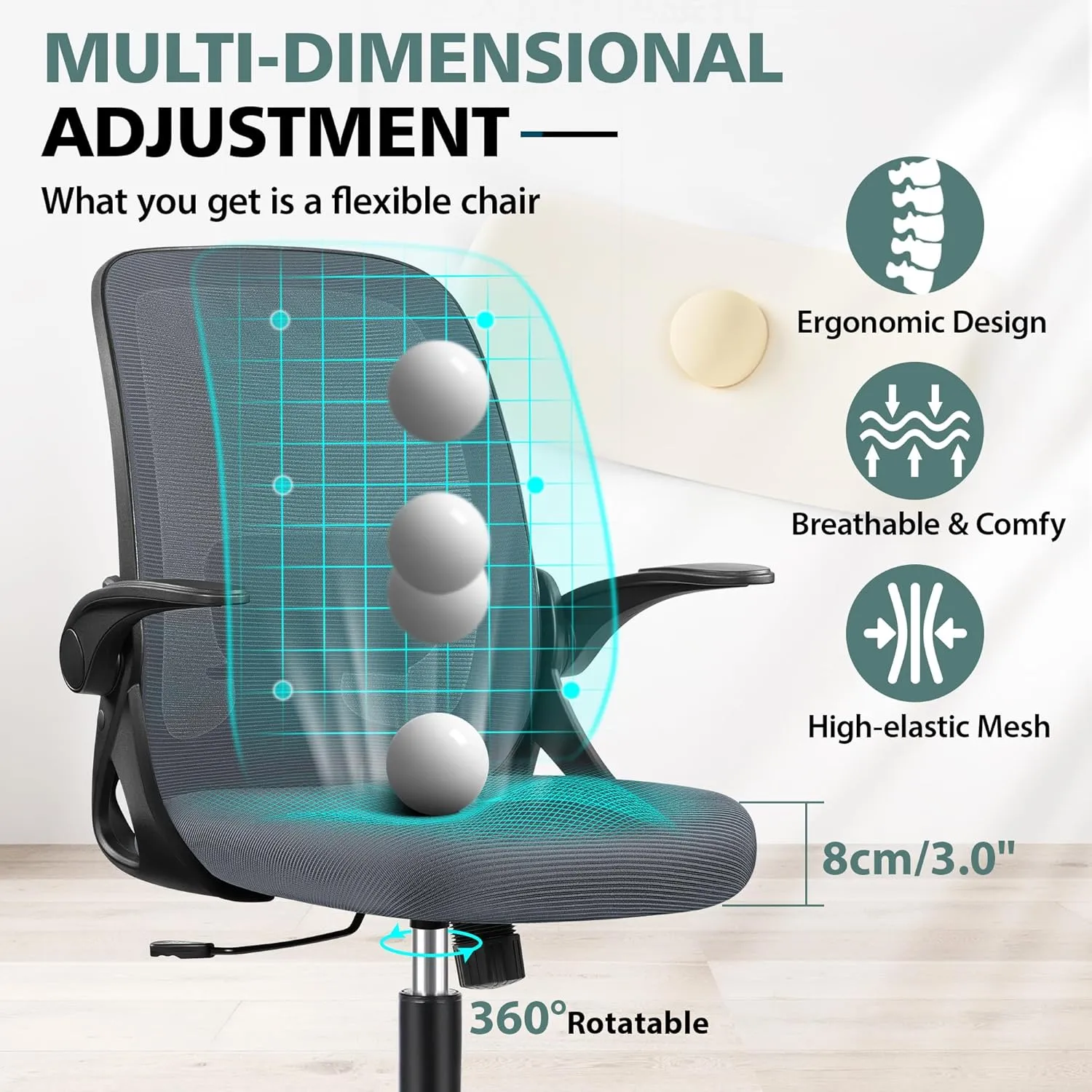 Office Chair Ergonomic Desk Chairs with Lumbar Support and Flip-up Arms, Comfortable Breathable Mesh Computer Executive Chair with Swivel Task, Adjustable Height 4'', Home, Bedroom-Dark Gray