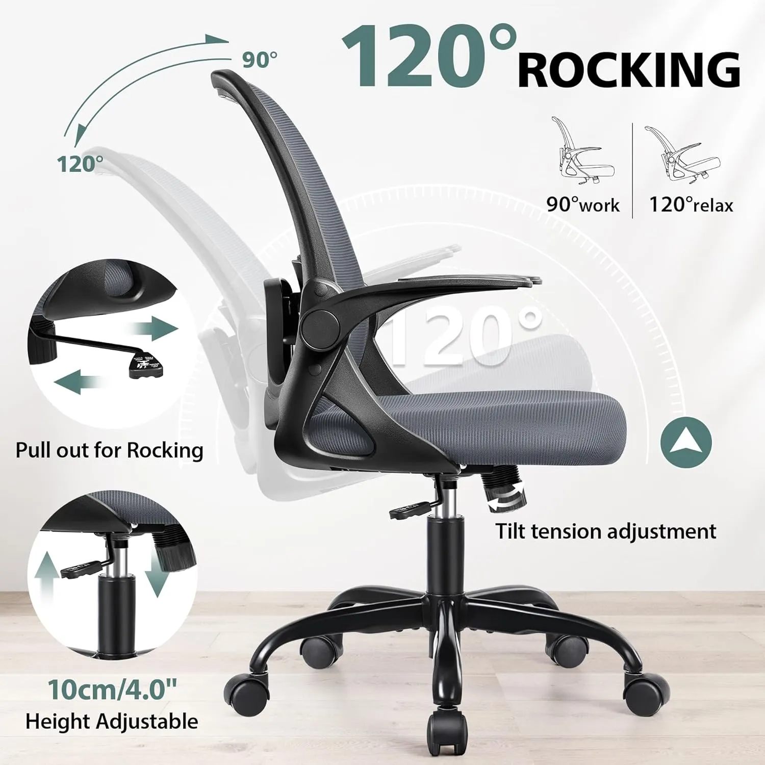Office Chair Ergonomic Desk Chairs with Lumbar Support and Flip-up Arms, Comfortable Breathable Mesh Computer Executive Chair with Swivel Task, Adjustable Height 4'', Home, Bedroom-Dark Gray