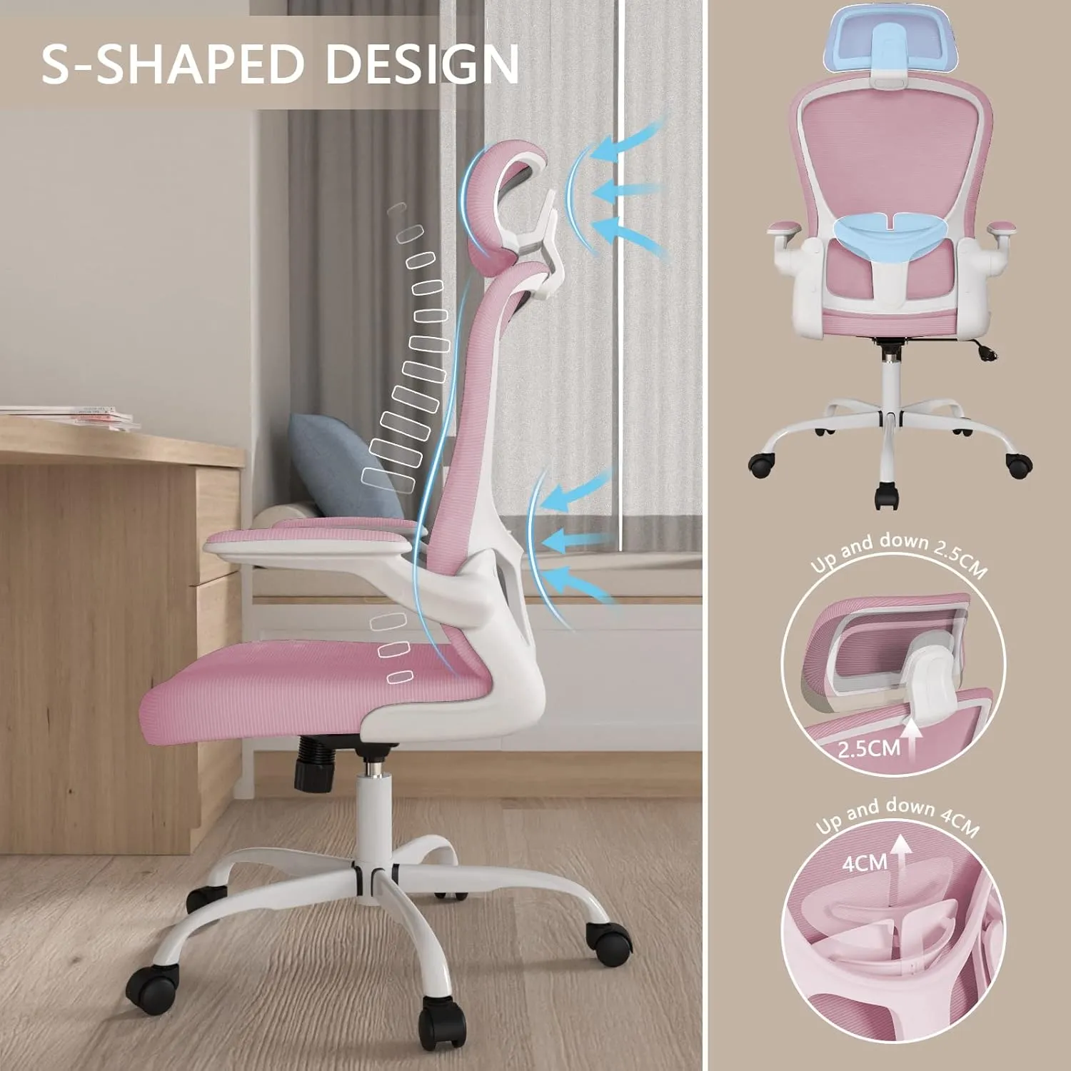Office Chair, High Back Ergonomic Desk Chair, Breathable Mesh Desk Chair with Adjustable Lumbar Support and Headrest, Swivel Task Chair with flip-up Armrests, Executive Chair for Home Office