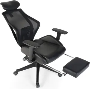 Office Chairs Ergonomic Office Chair, PU Leather Swivel Desk Chair, Breathable Mesh Back, Adjustable Height High-Back Reclining Chair with Armrest and Footrest Computer Chair