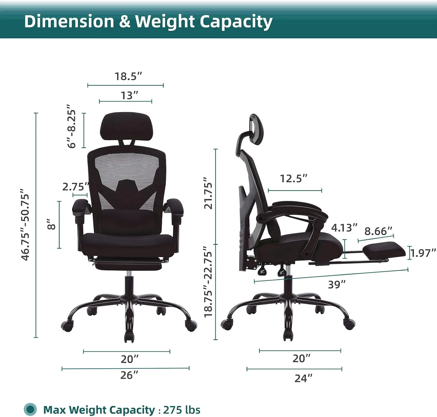 Office Computer Desk Chair, Gaming Chairs for Adults, High-Back Mesh Rolling Swivel Reclining Chairs with Wheels, Comfortable Lumbar Support, Comfy Arms for Home, Office, Gaming, Student