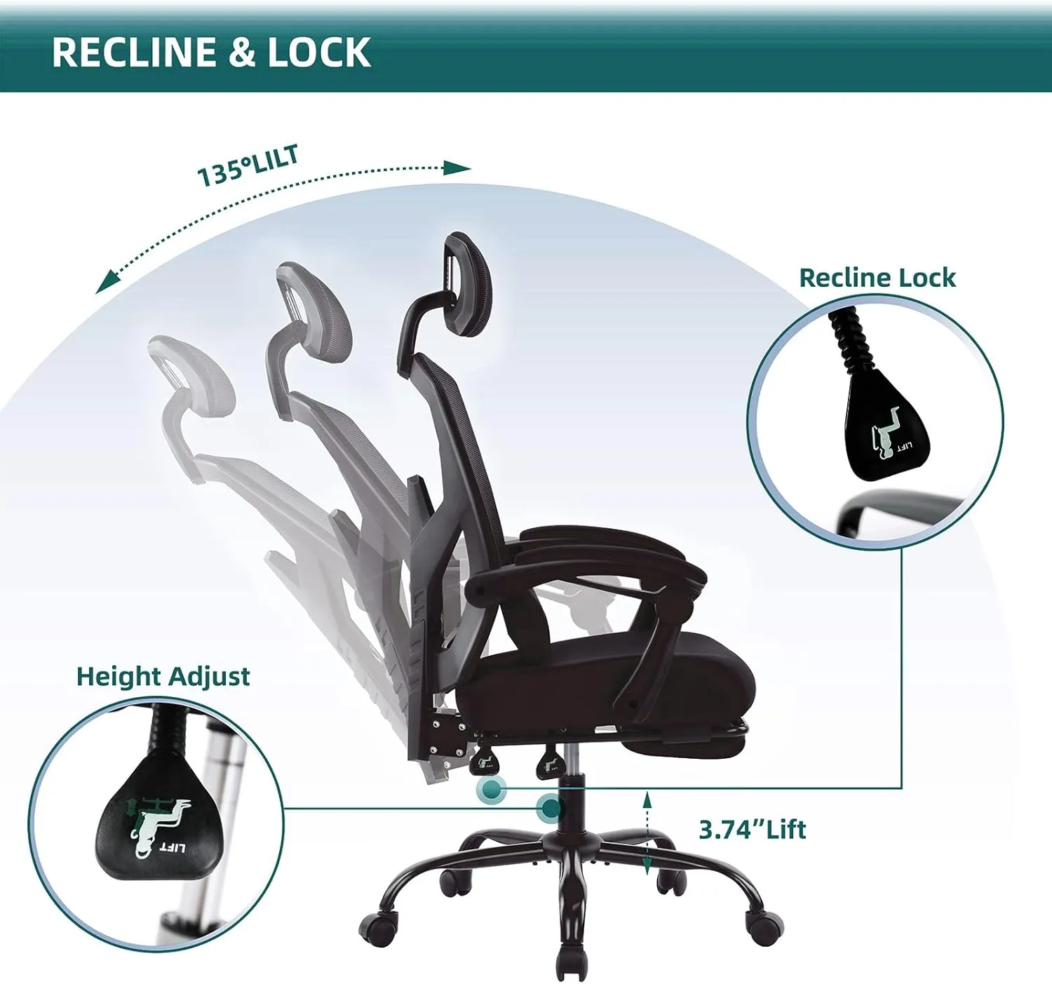 Office Computer Desk Chair, Gaming Chairs for Adults, High-Back Mesh Rolling Swivel Reclining Chairs with Wheels, Comfortable Lumbar Support, Comfy Arms for Home, Office, Gaming, Student