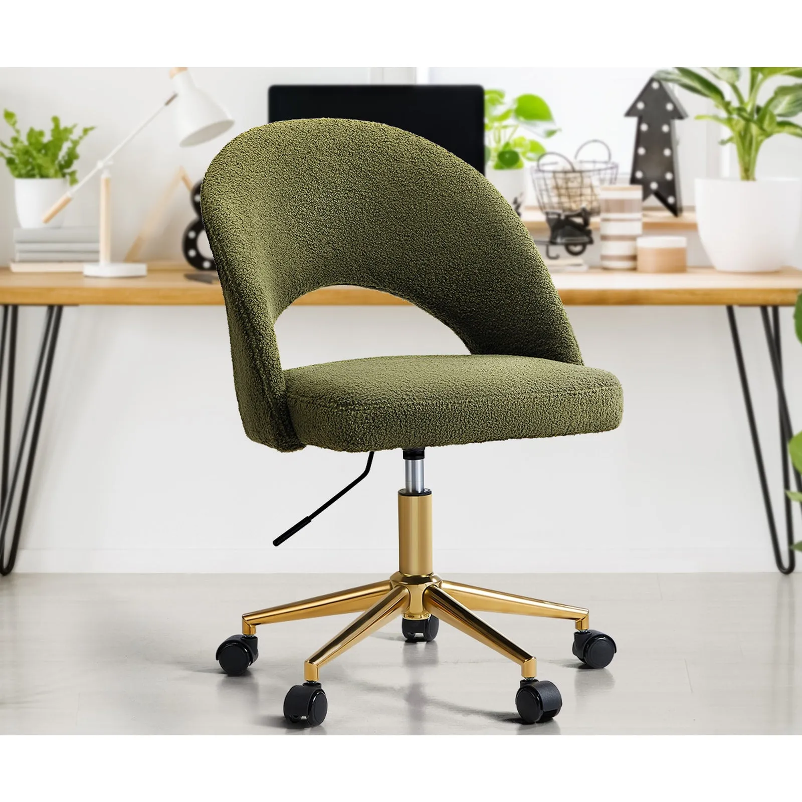 Oikiture High Back Hollow Armless Home Office Chair Boucle Green&Gold