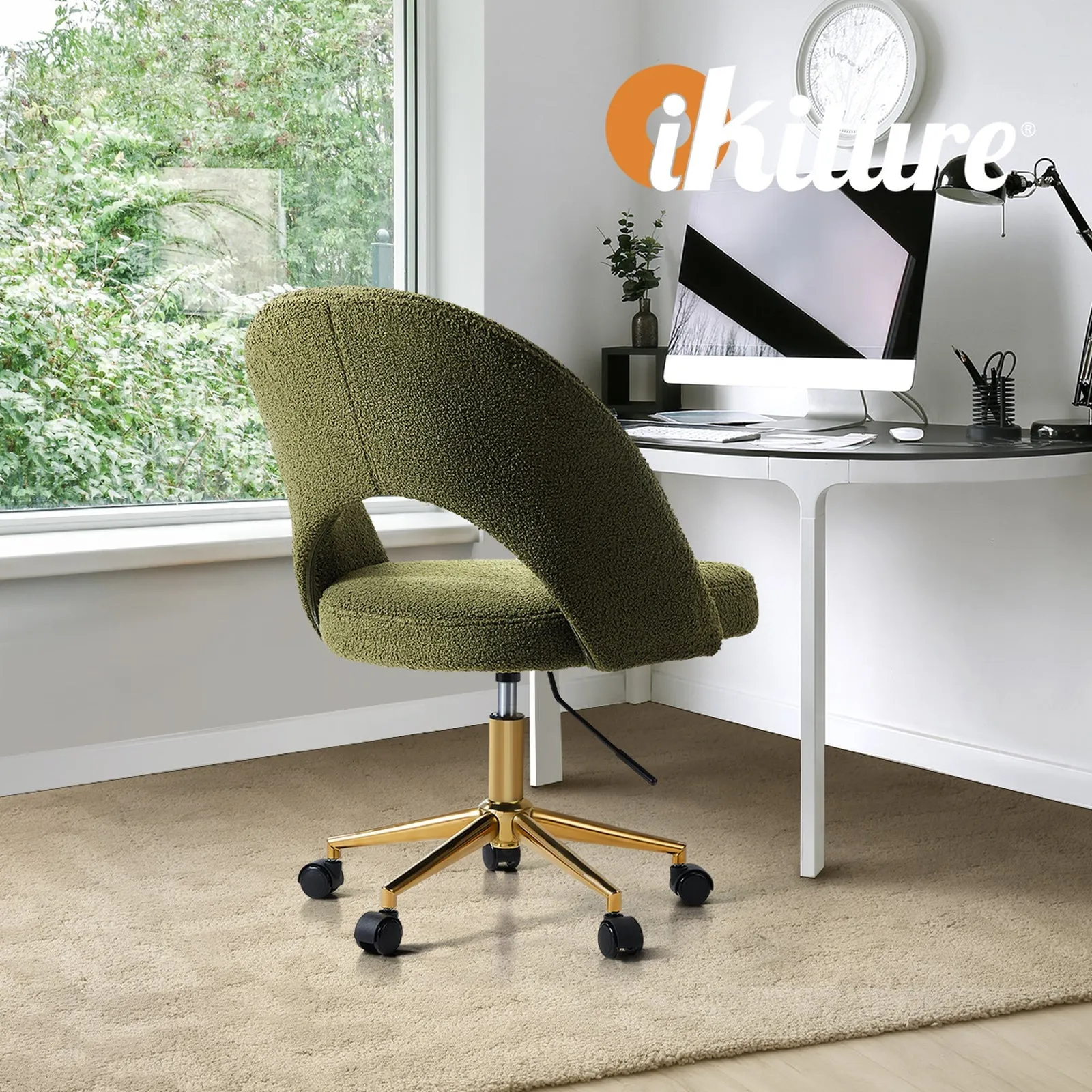 Oikiture High Back Hollow Armless Home Office Chair Boucle Green&Gold