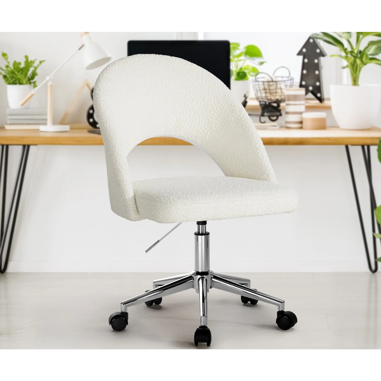 Oikiture High Back Hollow Armless Home Office Chair Boucle White&Silver
