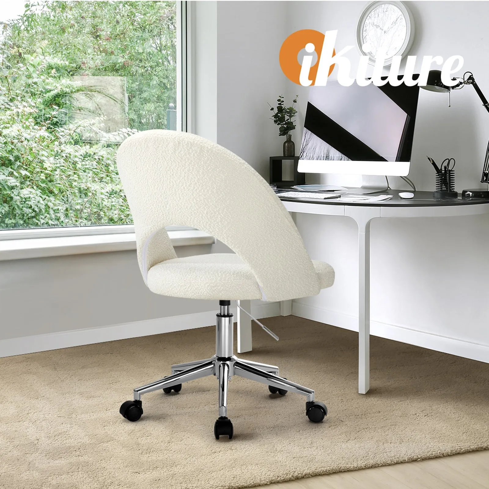 Oikiture High Back Hollow Armless Home Office Chair Boucle White&Silver