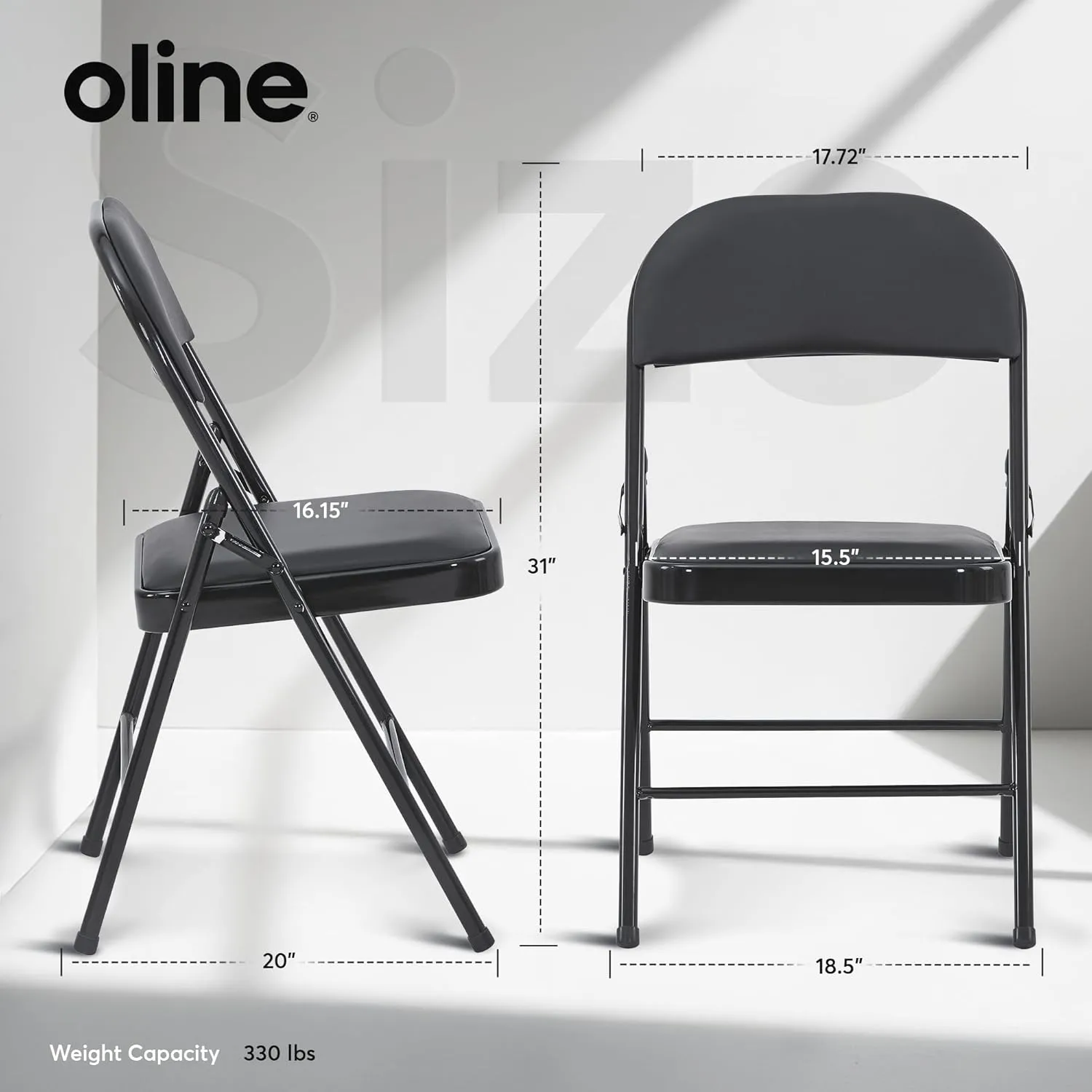 Oline Vinyl Folding Chairs, Padded Vinyl Cushion Chairs with Durable Metal Frame, Indoor Outdoor Stackable Foldable Guest Chairs for Office Wedding Kitchen Dining, 300lb Capacity (Black, 4 Pack)