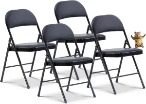 Oline Vinyl Folding Chairs, Padded Vinyl Cushion Chairs with Durable Metal Frame, Indoor Outdoor Stackable Foldable Guest Chairs for Office Wedding Kitchen Dining, 300lb Capacity (Black, 4 Pack)
