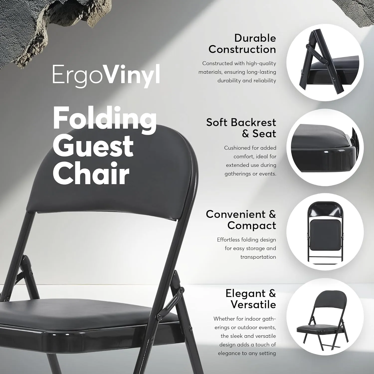 Oline Vinyl Folding Chairs, Padded Vinyl Cushion Chairs with Durable Metal Frame, Indoor Outdoor Stackable Foldable Guest Chairs for Office Wedding Kitchen Dining, 300lb Capacity (Black, 4 Pack)