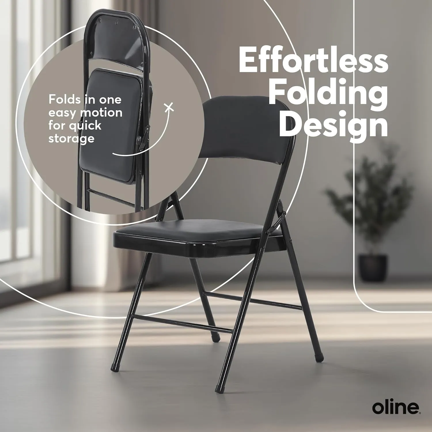Oline Vinyl Folding Chairs, Padded Vinyl Cushion Chairs with Durable Metal Frame, Indoor Outdoor Stackable Foldable Guest Chairs for Office Wedding Kitchen Dining, 300lb Capacity (Black, 4 Pack)