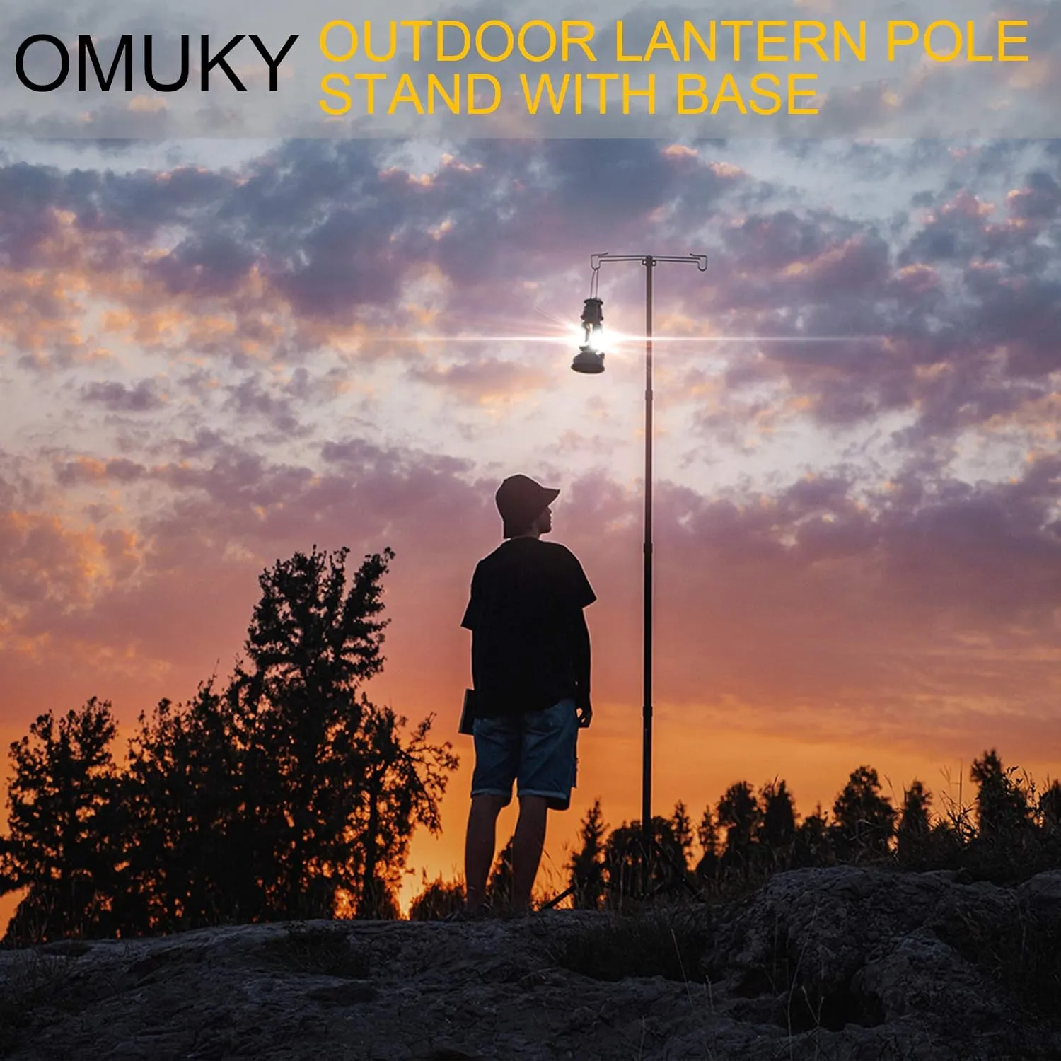 OMUKY Telescopic Lantern Stand with Base Outdoor Camping Lamp Stand Pole Adjustable Lantern Pole (Silver)