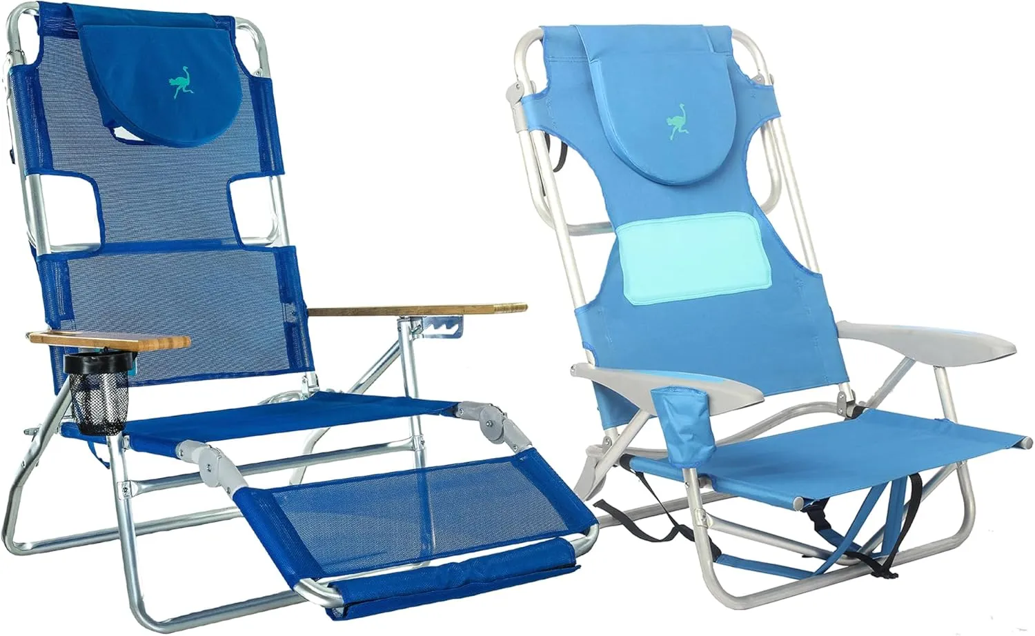 Ostrich 3N1 Lightweight Aluminum Frame 5-Position Reclining Beach Chair and Ladies Comfort On-Your-Back Outdoor Beach Chair with Backpack Strap, Blue