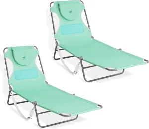 Ostrich Chaise Lounge Outdoor Lightweight Folding Adjustable Reclining Beach Chair for Tanning Pool Lake Patio Lawn Camping, Teal (2 Pack)
