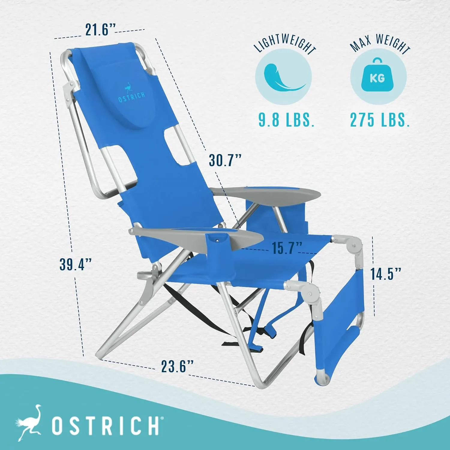 Ostrich Deltess 3 in 1 Portable Chair with Cooler Bag and Reclining Lounger for Tanning, Camping, Beach, and Outdoor Essential, Royal Blue