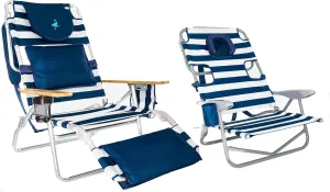 Ostrich Portable Deluxe 3-in-1 Padded Sports Chair w/5 Positions and Footrest & On-Your-Back Outdoor Camping Recliner w/5 Positions, Blue Stripe