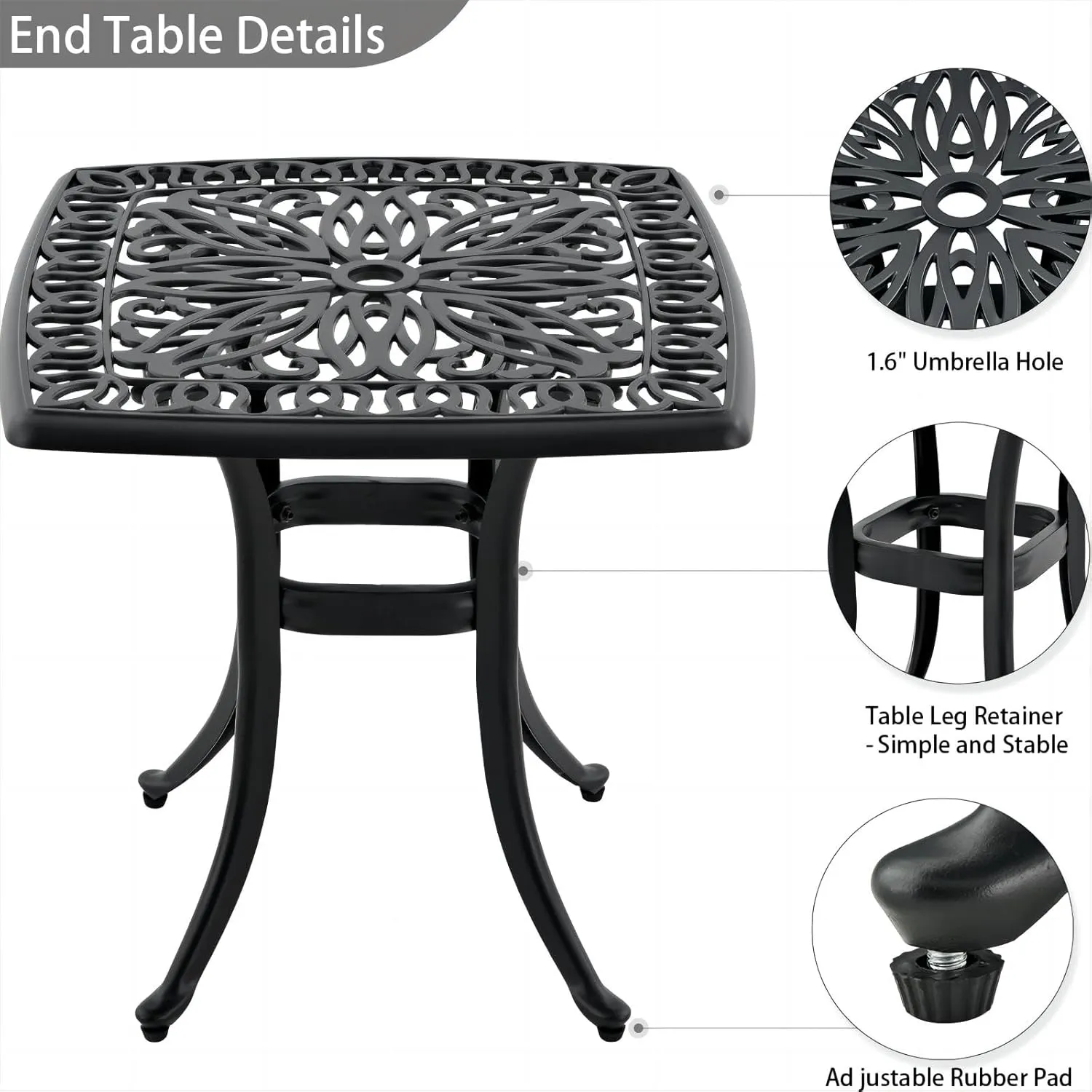 Outdoor 21" Cast Aluminum Square Side Table End Table for Patio, Backyard, Pool, Indoor Companion, Easy Maintenance and Weather Resistant, Black