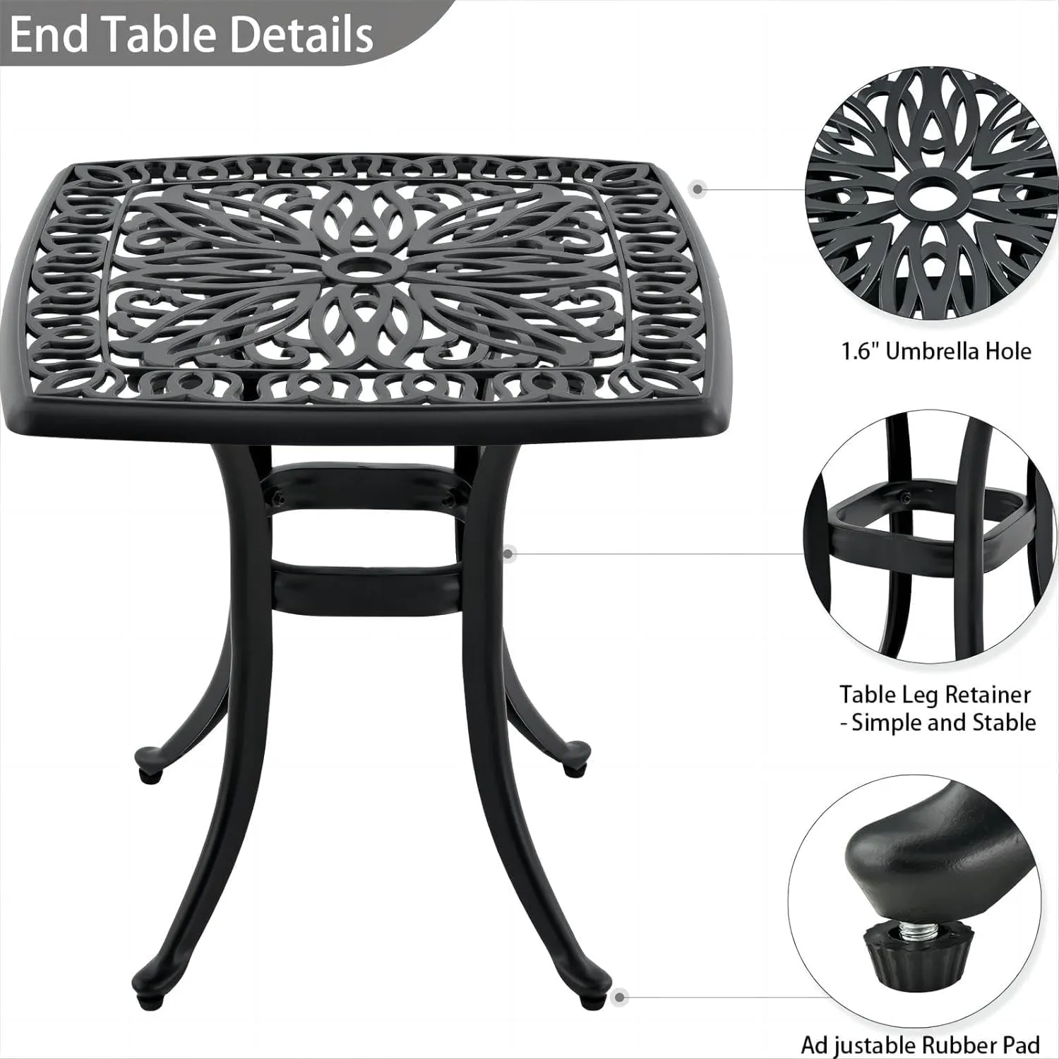 Outdoor 21" Cast Aluminum Square Side Table Set of 2 End Table for Patio, Backyard, Pool, Indoor Companion, Easy Maintenance and Weather Resistant, Black