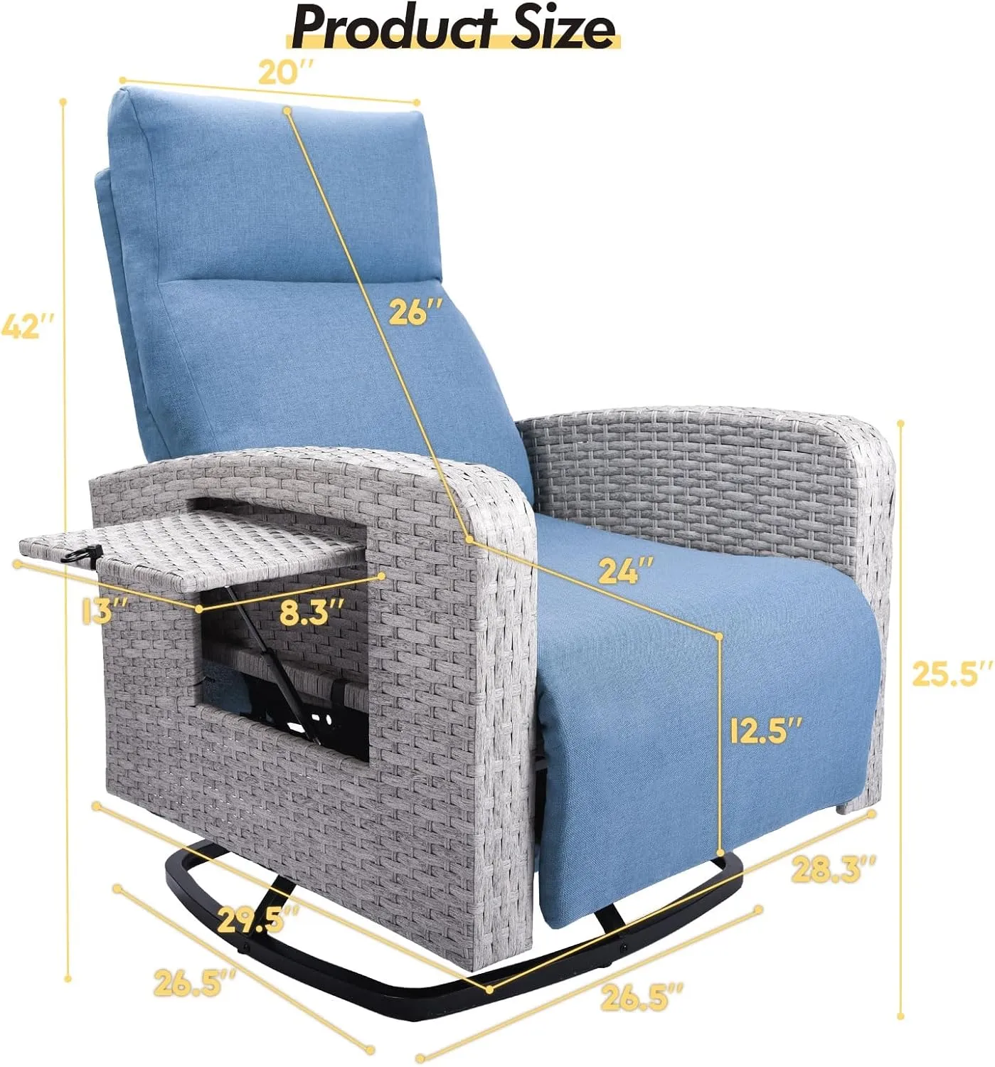 Outdoor 360° Swivel Rattan Recliner Chair Patio Wicker Chaise Lounge Chair 350 lbs with Adjustable Backrest & Footrest & Side Table