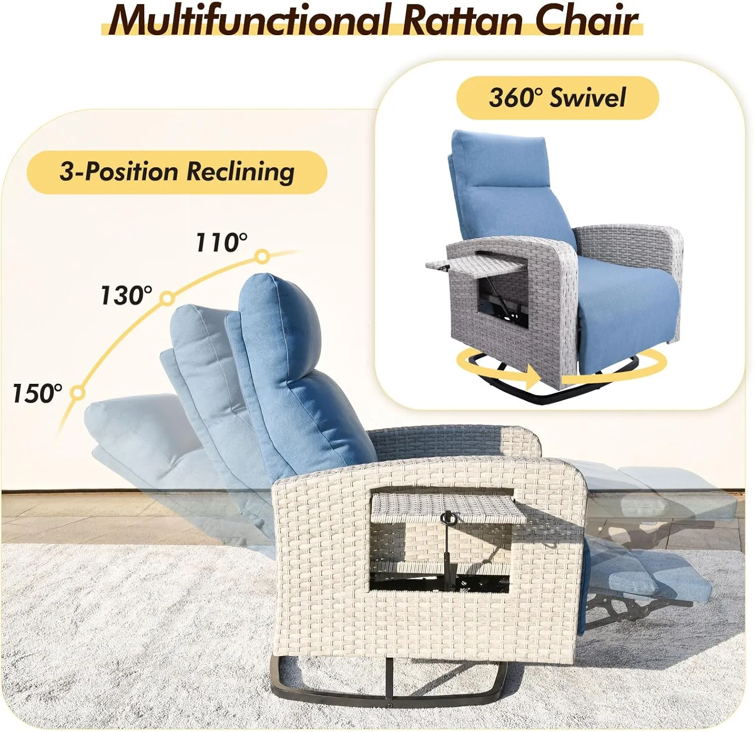 Outdoor 360° Swivel Rattan Recliner Chair Patio Wicker Chaise Lounge Chair 350 lbs with Adjustable Backrest & Footrest & Side Table