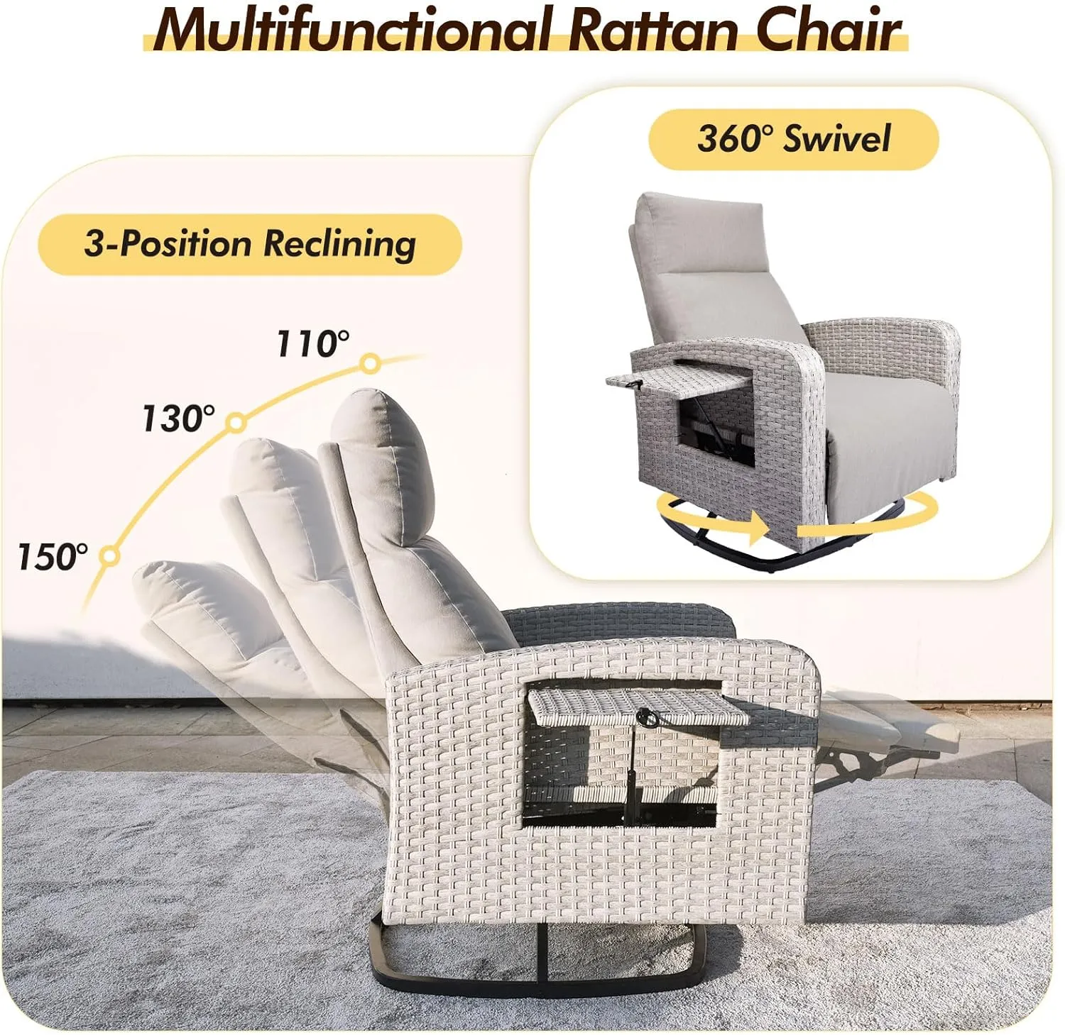 Outdoor 360° Swivel Rattan Recliner Chair Set of 2 Patio Wicker Chaise Lounge Chair 350 lbs with Adjustable Backrest & Footrest & Side Table