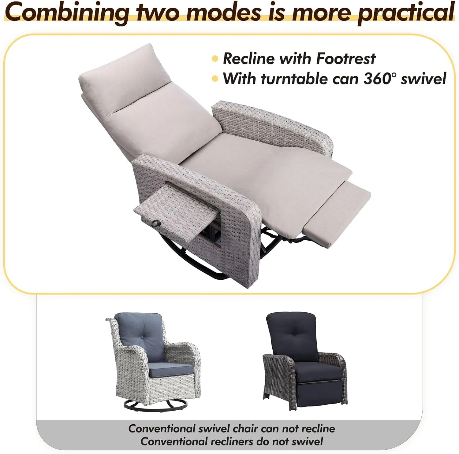 Outdoor 360° Swivel Rattan Recliner Chair Set of 2 Patio Wicker Chaise Lounge Chair 350 lbs with Adjustable Backrest & Footrest & Side Table