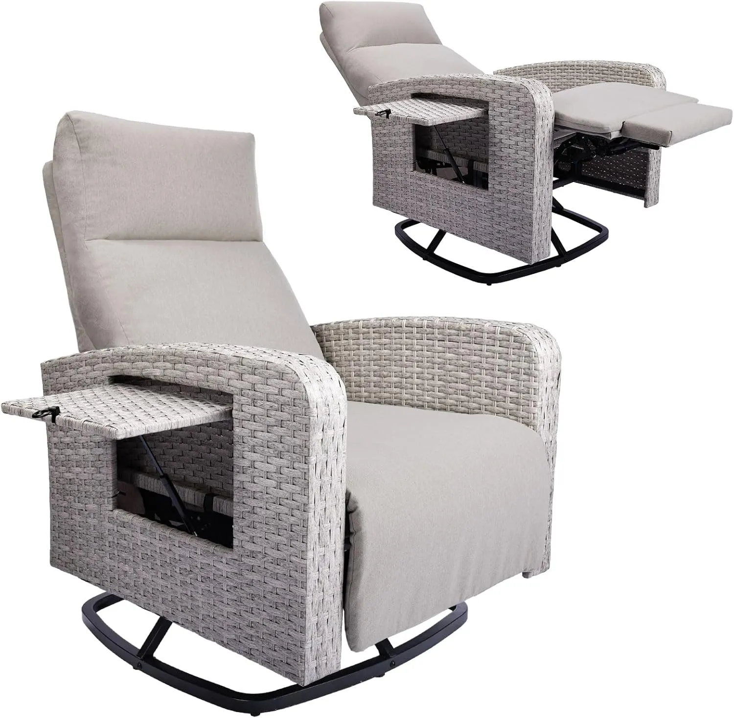 Outdoor 360° Swivel Rattan Recliner Chair Set of 2 Patio Wicker Chaise Lounge Chair 350 lbs with Adjustable Backrest & Footrest & Side Table