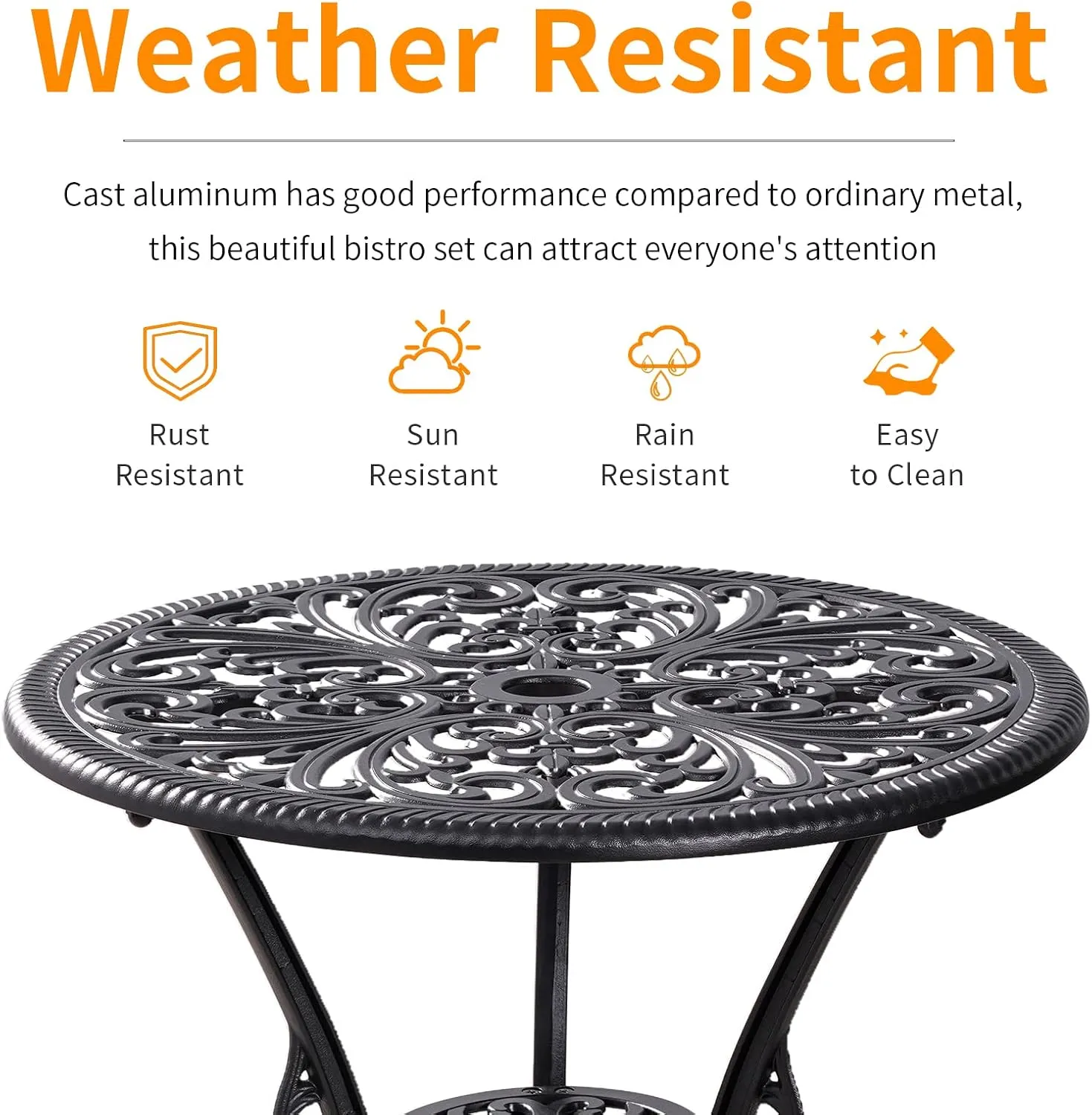 Outdoor Bistro Set 3 Piece Patio Bistro Set, Cast Aluminum Bistro Table and Chairs Set of 2, Small Patio Table Set for Porch, Black