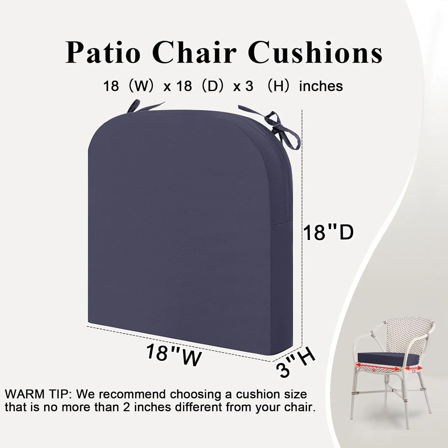 Outdoor Chair Cushions Set of 2, Waterproof Memory Foam Patio Seat Cushions with Ties for Garden Sofa & Dining Furniture, 3-Year Color Fastness, 18x18x3 Inch, Grey
