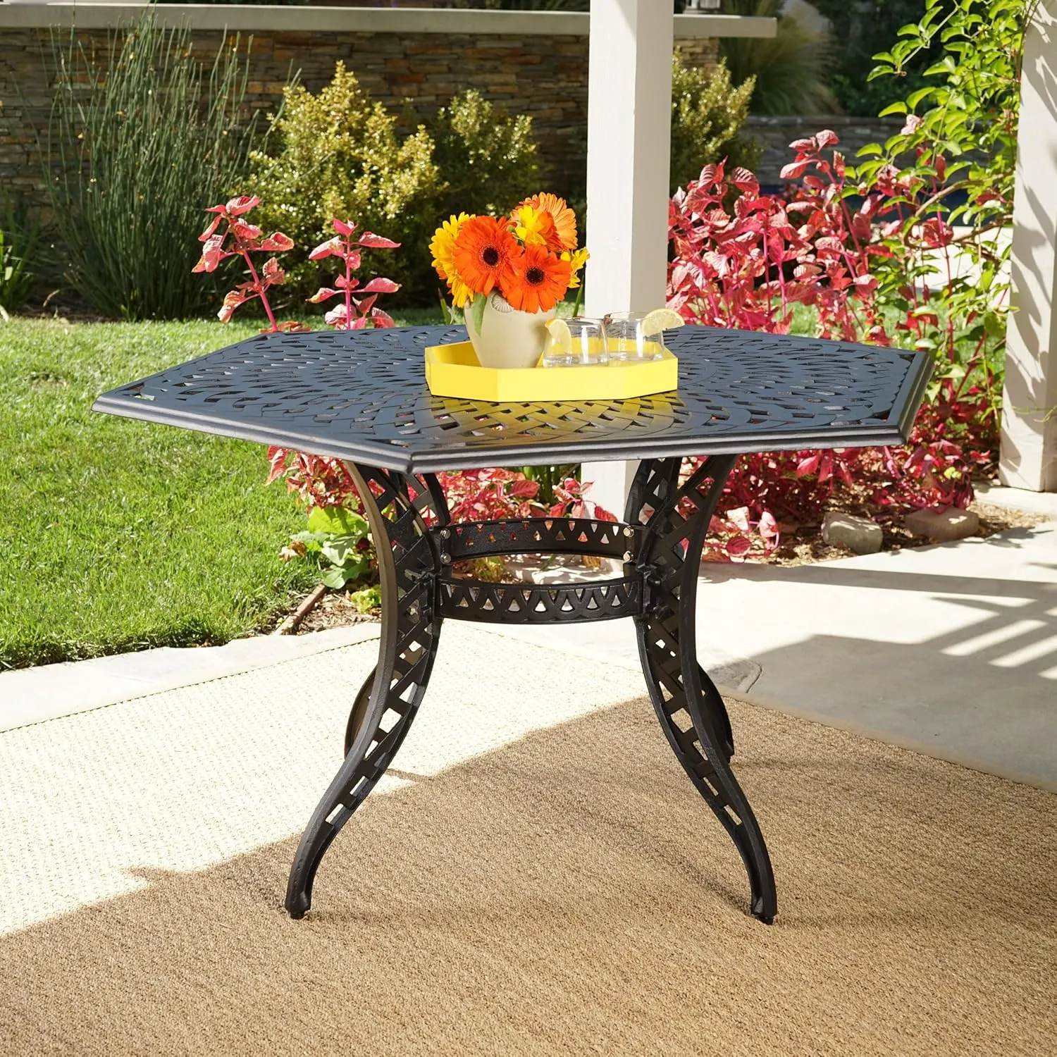 Outdoor Dining Table with Umbrella Hole, Classic Cast Aluminum Design, Black