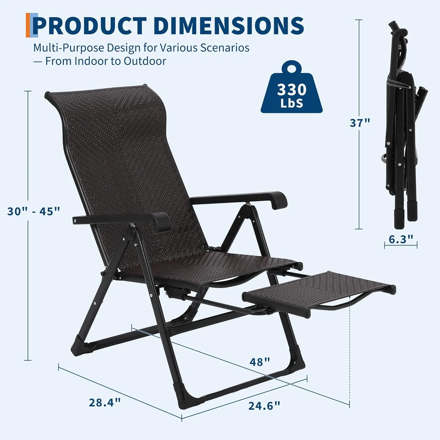 Outdoor Folding Rattan Lounge Chair, Patio Lounge Chair with Adjustable High Backrest & Reversible Out Footrest, Portable Recliners for Garden Balcony Poolside